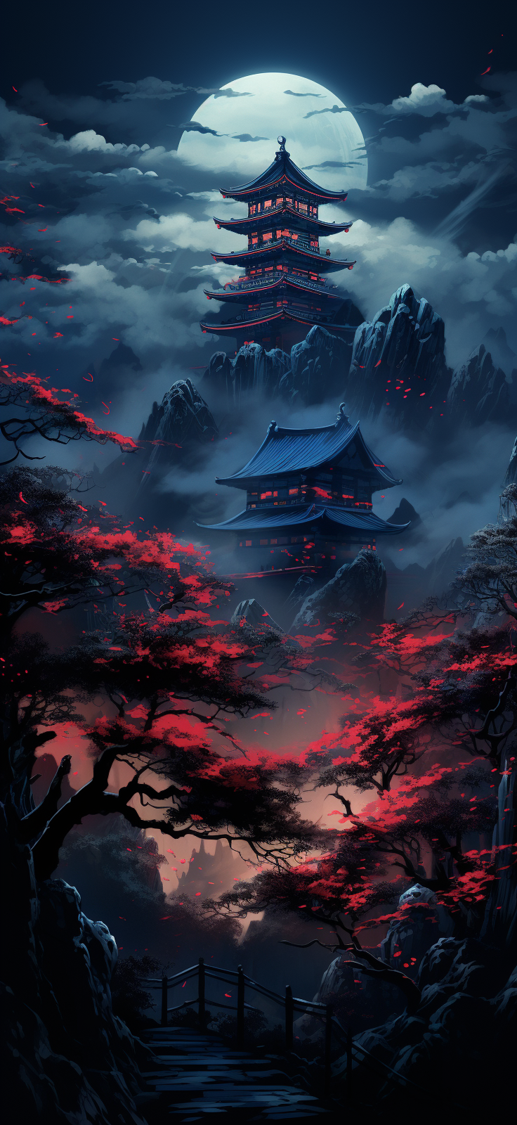  Crimson Moon Over Japanese Pagoda