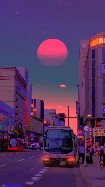 Dreamy neon city with a bus stop and a giant pink moon in the sky